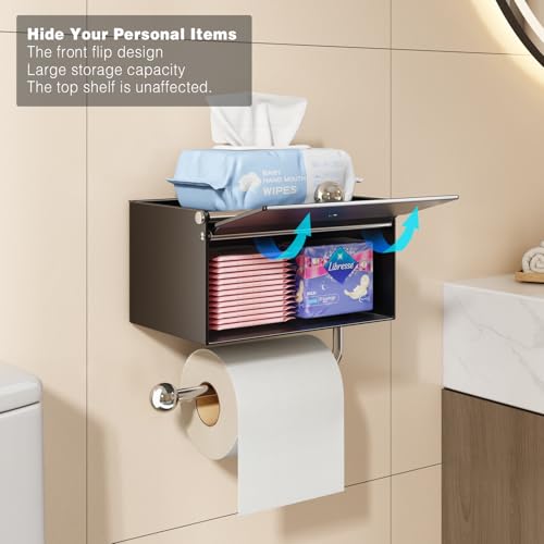 Voldra Toilettenpapierhalter Ohne Bohren, Klopapierhalter Mit Feuchttücherbox Klorollenhalter Kleben Wc Papier Halterung Zum Kleben Wc Rollenhalter Toilet Paper Holder Frontflip Design(Matt Schwarz)