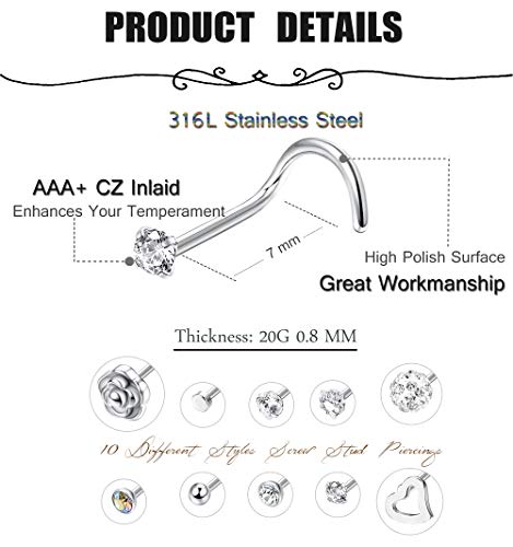 Fibo Steel 20G 12 Pcs Stainless Steel Nose Screw Stud Nose Rings For Men Women Body Piercing Jewelry Cz Inlaid Siliver-Tone #TOP1