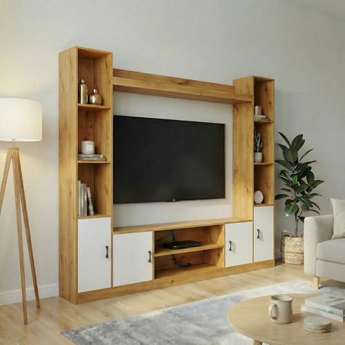 Image of Raywud Elavora Engineering Wood TV Entertainment Unit Set | TV Cabinet with Shelves for Books & Decor Display Unit for Living Room | Ideal for TV Unit Upto 55 inch |DIY Assembly (Gold Oak & White)