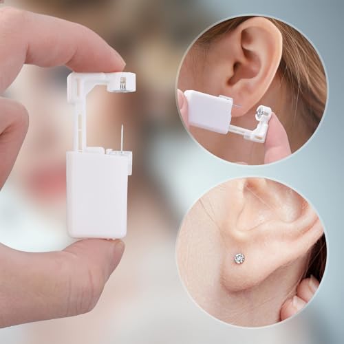 LAURITAMI 4 Stück Ohrstecker Selber Stechen Silber Set, Steril Sicherheits Ohrlochpistole mit 4mm CZ Ohrstecker, Schmerzfreies Selbst Piercing Werkzeug für Mädchen Frauen Männer