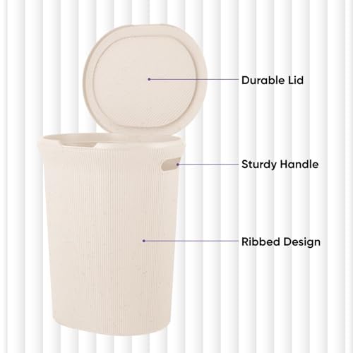 Image of Superio Ribbed Collection - Eco-Friendly Decorative Plastic Laundry Hamper with Lid and Cut-Out Handles, (1 Pack) Basket Organzier for Bedroom Bathroom College Dorm Room 40 Liter