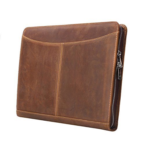 Vintage Crazy Horse Leather Portfolio Business Organizer Case with Zipper Closure for iPad Pro 12.9,padfolio with Letter-Size Notepad/ A4 Document (iPad Pro 12.9 inch)