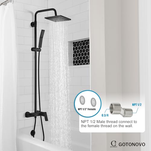 gotonovo Juego de grifería para ducha expuesta 3-en-1, cuerpo cuadrado, sistema de ducha expuesto con pico para bañera, cabezal de ducha de 8” con ducha de mano, manija única 3 funciones, altura ajustable, para uso interior y exterior miniatura 2