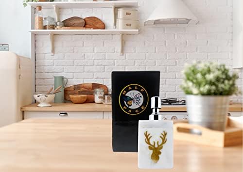 Halfpace Marble Soap Dispenser w/ Golden Reindeer - Hand Wash Dispenser w/ Attached Pump for Bathroom, Vanity, Kitchen  White Marble Surface w/ Easy To Use Pump  White - 10 cm × 10 cm × 20 cm