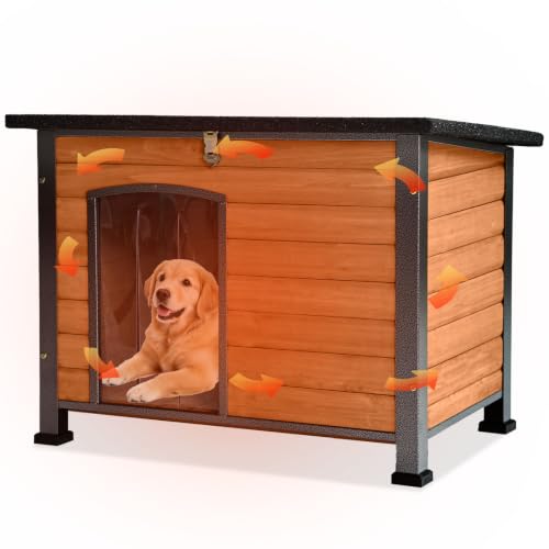 GUTINNEEN Large Outdoor Insulated Dog House Weatherproof Dog Kennel Indestructible Dog Shelter with Chew-Proof Full Metal Frame, Openable Roof for Small to Large Dog Breeds (33.5'L x 22'W x 25.2'H)