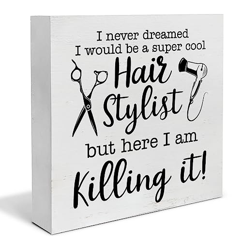 Farmhouse Hairstylist Wood Box Sign Art Desk Decor Hair Stylist Sayings Wood Block Sign Decor 5 x 5 Inch for Hair Salon Barbershop Tabletop Shelf Wall