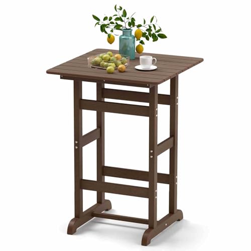Costway 76cm x 76cm Square Bar Table, Patio HDPE Bar Height Dining Table w/Slatted Tabletop, Outdoor All-Weather High-Top Bistro Table for Poolside, Backyard, Balcony (Brown)