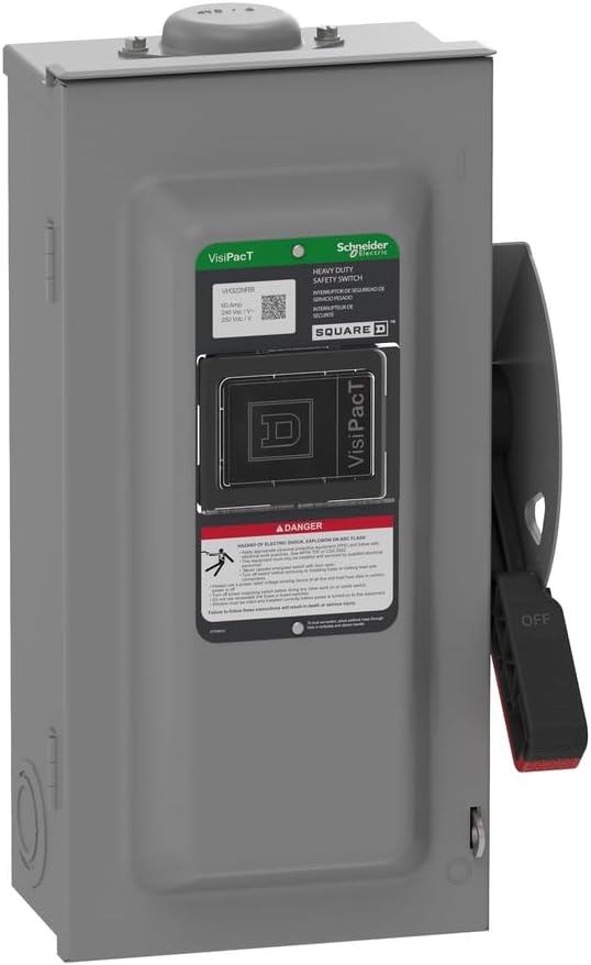 Square D by Schneider Electric VH322NRB VisiPact Heavy Duty Safety Switch with Viewing Window and Red (On) and Black (Off) Indicators, Fusible 3 Pole, 60A, 240VAC/250VDC, Type 3R