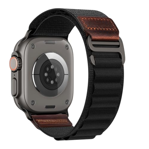 Image of MRAIN-H Leather Design Compatible with Apple Watch Bands Ultra 3 2 1 (49mm) & Series 11 10 9 8 7 6 5 4 SE 3 2 1 (46mm 45mm 44mm), Soft Stretchy Nylon Sport Band for iWatch Men Women