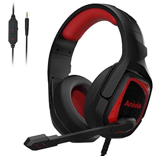 Anivia MH602 Gaming Headset for PC PS5 PS4 Nintendo Xbox One Mac Laptop, Wired Stereo Over-Ear Headphones with Noise Cancelling Mic, Soft Memory Earmuffs for Adults & Kids, Black-Red
