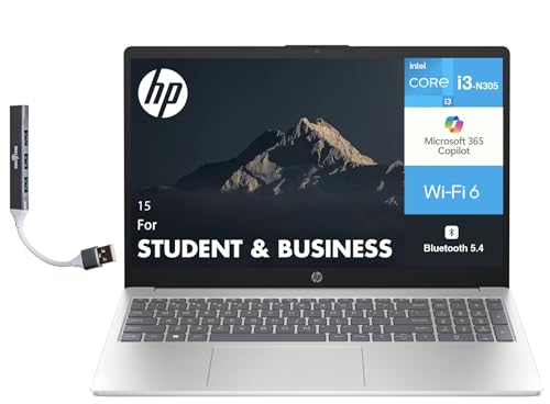 Image of HP 15 Student & Business Laptop 15.6" IPS HD Display (Intel i3-N305, 8GB DDR4, 128GB SSD, Intel UHD, WiFi 6, Webcam, Bluetooth 5.4, Win 11 Home S-Mode) w/DKZ USB Port Expander