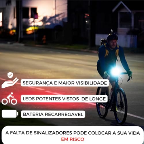 Kit Lanterna De Bike Bicicleta 2 Led Cree T6 Potente Recarregável USB em Alumínio + Sinalizador Tras