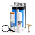 Aquaboon 2-Stage Whole House Water Filter System with Prefilter, 20x4.5 Iron & Manganese, Sediment Filters, Pressure Gauge & Release, Wrench, Freestanding Steel Frame