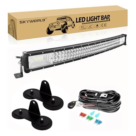 SKYWORLD 32 inch Curved LED Light Bar with Strong Magnet Bracket,12V-24V Wiring Harness Cable Kit,Triple Row Flood Spot Beam Driving Work Lights for Car Truck Tractor SUV UTV ATV 4x4 Trailer,6000K Cover