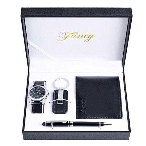 Preisvergleich Produktbild Souarts Herren Geschenkset mit Armbanduhr Männer Geldbörse Gürtel Auto Schlüsselanhänger Krawatte Manschettenknopf Füllfederhalter Geschenkset für Herren (Schwarz)
