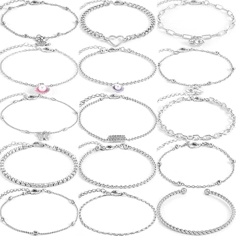 HaHaGirl 15Pcs Anklet Bracelets for Women Silver Adjustable Size Modern Chain Beach Jewelry Anklet Set Cover