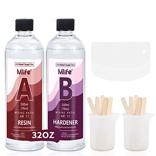 Epoxy Resin-1000ml/32oz Clear Crystal Resin Coating Kit,2 Part Casting Resin with Sticks, Graduated Cups and Plastic Scrapers for Art, Craft, Jewelry Making, River Tables