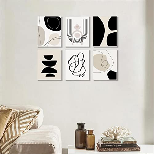 Abstract Boho Wall Art Prints Set Of 6, Minimalist Geometric Boho Wall Art Black Brown Beige Line Art Canvas Painting Pictures, Mid-Century Modern Prints Gallery Wall Posters For Bedroom Living Room Bathroom Boho Room Decor(8" X 10", Unframed) #TOP7