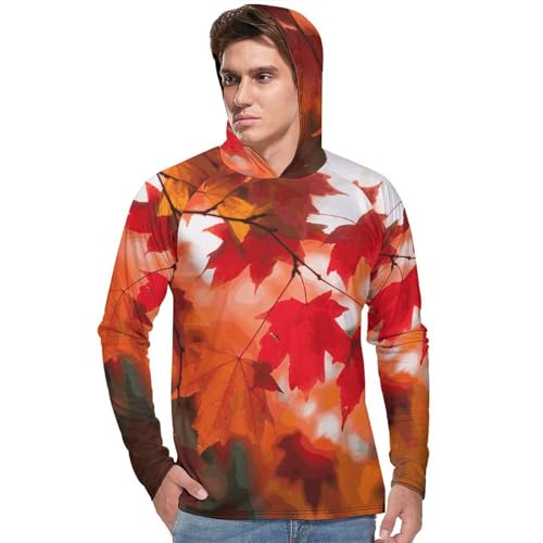 Mens UPF 50+ Sun Protection Hoodie Rash Guard Long Sleeve Sun Shirt Hiking Autumn Fall Red Maple Leaves Fishing Hoodie-2