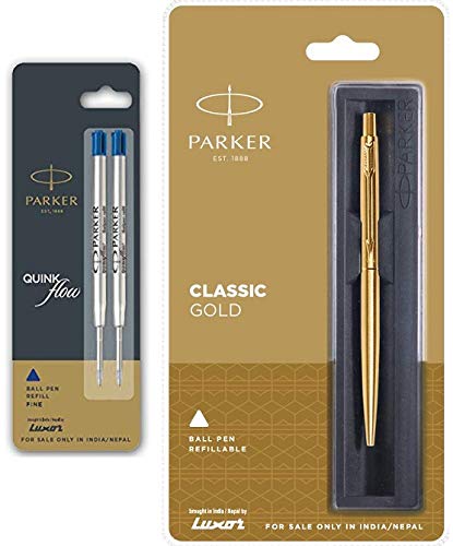 Parker Classic Gold Ball Pen With (Parker Quink Flow Refill Combo Pack 2 - Blue Ink) By DTL Company