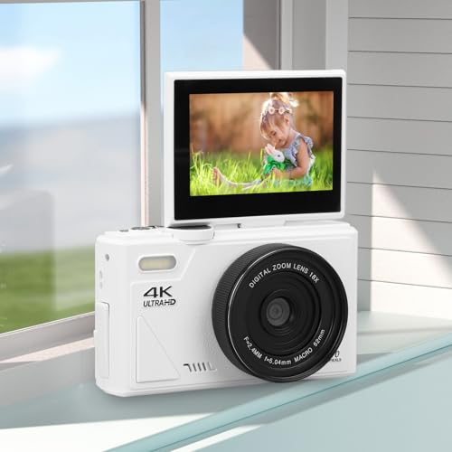 Fotocamera Digitale 5k, Fotocamera Vlogging da 75 MP, con Zoom 18x, Schermo di Lancio da 3 Pollici, Telecamera Compatta HD, per Fotografia di Viaggio (WHITE)