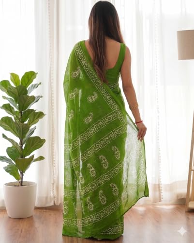 Image of Women's Pure Cotton Printed Saree with Traditional Batik Inspired Border Design, Soft Lightweight Daily Wear Saree with Unstitched Blouse Piece for Festive, Casual and Office Wear