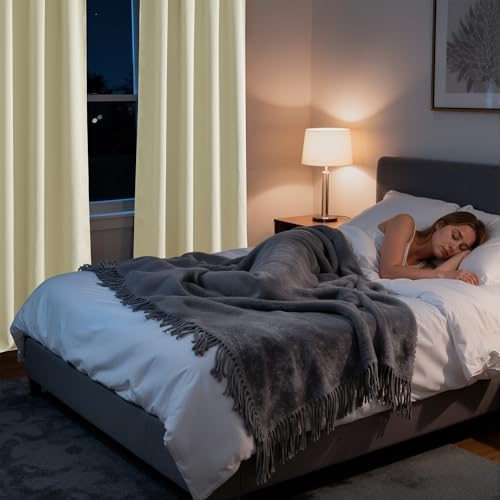 Image of RYB HOME Bedroom Blackout Curtains 80 inches Long, 100% Blackout Thermal Insulated Noise Reducing Back Tab Curtains for Living Room Nursury, 42 inches Wide by 80 inches Long, Beige