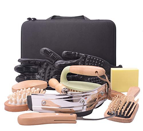 Horse Grooming Kitï¼ˆ10-Pieceï¼‰ï¼ŒPortable Storage Boxï¼ŒHorse Cleaning Tool Set with Assorted Hair and Curry Brushes, Hoof Pick Sweat Scraperï¼ŒGrooming Gloveï¼ŒRiding Equipment for Beginners.