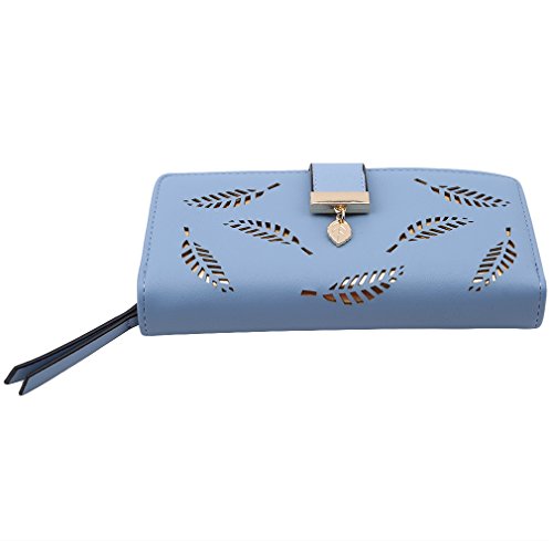Women Leather Card Holder Long Purse Zipper Buckle Elegant Clutch Wallet Card Phone Wallet Clutch Bag Travel Purse, Blue, One Size2