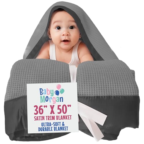 Image of Blankets Thermal Waffle Baby Blanket Crib Bedding - Soft Cozy Warm Infant Thermal Cover for Nursery Stroller or Bassinet, Lightweight Ideal Shower Gift, Satin Trim Gray 36 inch x 50 inch