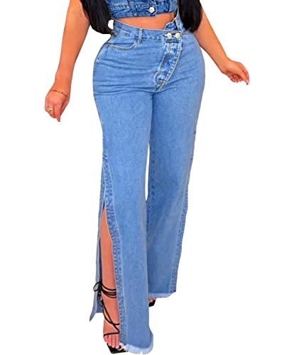 Women's High Waist Frayed Raw Hem Casual Jeans Vintage Straight Leg Regular Fit Slit Side Solid Denim Pants