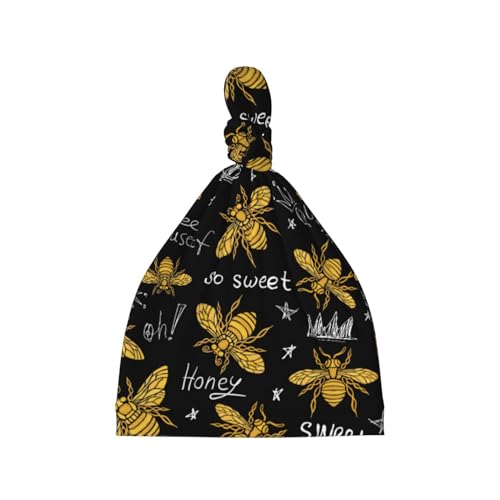 Hohey Bee Golden Embroidery Baby Hats 0-6 Months Adjustable Top Knot Stretchy Soft Newborn Hats Baby Boy Girl Beanie