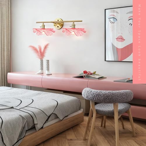 Image of Pink Glass Wall Sconce Light Gold Brass Bathroom Vanity Lights | 2 Light, Bathroom Lights Over Mirror, Vintage, MCM, Grils Room,Bedside,Doorway, E26, Easy to Install, Wall Sconce, Wall Light