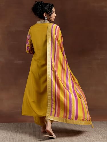 Image of Libas Womens Printed Silk Blend Straight Kurta With Trousers and Dupatta | daily wear suit