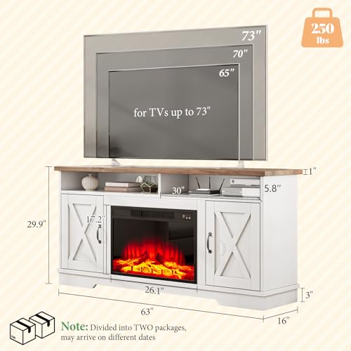 AMERLIFE-63-Farmhouse-TV-Stand-with-26-Fireplace-for-TVs-up-to-73-Media-Entertainment-Center-with-Adjustable-Shelf-Barn-Doors-Rustic-TV-Console-Cabinet-for-Living-Room-Rustic-Oak-White AMERLIFE 63 Farmhouse TV Stand with 26 Fireplace for TVs up to 73 Media Entertainment Center with Adjustable Shelf Barn Doors Rustic TV Console Cabinet for Living Room Rustic Oak White