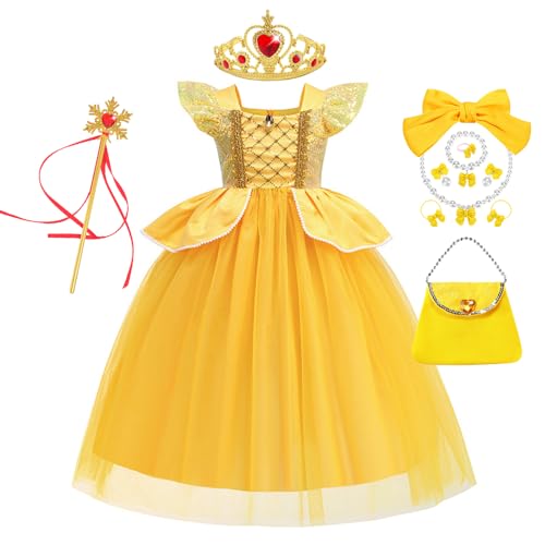 YOSICILa Bella y la Bestia Disfraz para Niña Vestido de Princesa Bella 3-8 Años Vestido para Carnaval Regalo Reyes Navidad Costume con Bolso Diadema Pulsera Pinzas Halloween,Amarillo,140