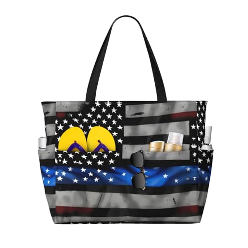 American Blue Line Flag Print Beach Tote Bag Large Travel Bag With Zipper And Pockets Lightweight Gym Bag