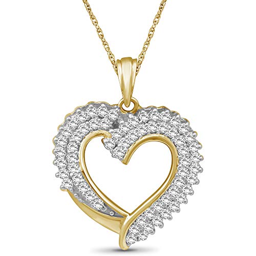 JEWELEXCESS Sterling Silver (.925) or 14K Gold over Silver Heart Necklace with 1.00 Carat White Diamonds | Jewelry for Women with Round & Baguette White Diamonds & 18 inch Rope Chain with Spring Clasp