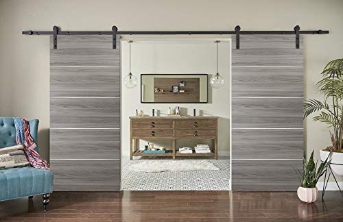 Double Barn Sliding Grey Doors 84 X 96 With 14Ft Rails | Planum 0020 Ginger Ash | Heavy Top Mount Track Slider Set | Closet Modern Solid Core Doors #TOP1
