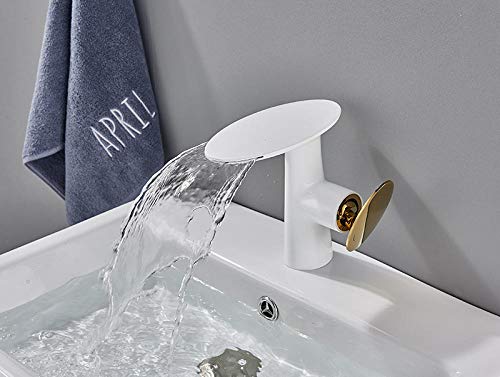 Robinet de lavabo cascade blanc et or haut de gamme avec plaque