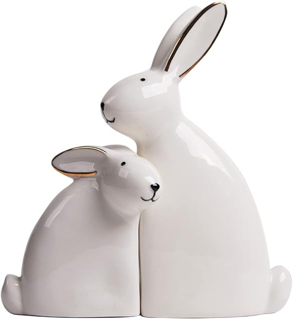 SEINHIJO 2pcs Sculpture Rabbit Statue Decor Geometric Bunny Ceramic Home Arts 15cm