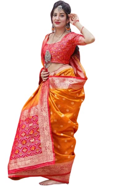 Flosive Women's Present Banarasi Soft Lichi Silk Saree Beautiful Jacquard Rich Pallu Design Work Zari Woven Kanjivaram Silk Style Saree Royal Patola With Soft Lichi Silk Blouse Piece (Orange)