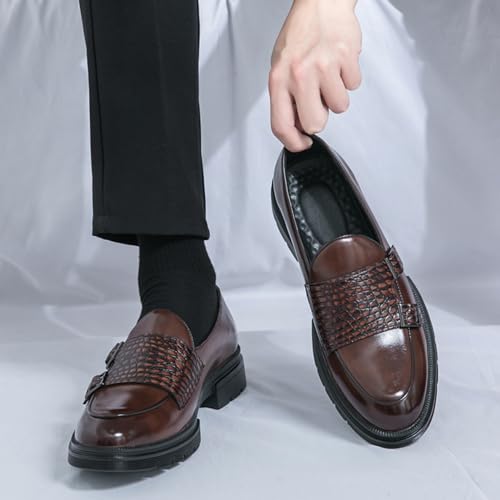 Men's Leather Platform Slip on Loafers with Dual Buckle Decor Luxury Round Toe Lug Sole Non-Slip Dress Shoes Casual Low Block Heel Business Work Office Shoes2