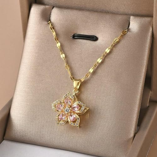 Stainless Steel Rotating Flower Pendant Necklace for Women - 5 Petal Flower Jewelry, Durable & Elegant Design|GOLD4