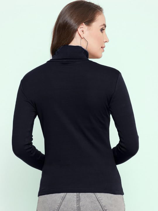 Image of ALONE EAGLE Stylish Black Turtle Neck Cotton Solid Tshirt for Women