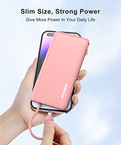Alongza Portable Phone Charger With Built In Cables 10000Mah Slim Power Bank With Attached Cords External Battery Pack Fast Charging Battery Bank Compact Travel Charger For Cell Phones,Ipad #TOP2