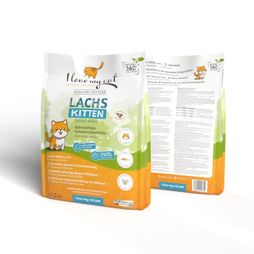 I Love My Cat - Pienso para Gatitos con salmón. Comida sin Cereales para Gatitos con Omega-3 y taurina para un Desarrollo Saludable, digestión fácil y Piel Brillante - 1,2 kg