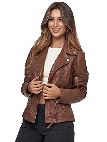 Tazzio Lederjacke moderne & zeitlose Damen Jacke im Biker Look mit Reverskragen F501 (L, Braun)