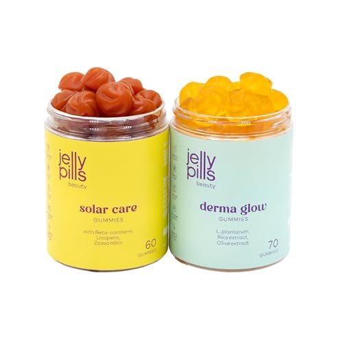 Jelly Pills Pack Préparation Solaire & Soin de la Peau – Solar Care Bêta-carotène + Lycopène et DERMA Probiotiques – 60 + 70 Gummies Véganes – Sans sucres ajoutés – Saveur Fraise et Banane