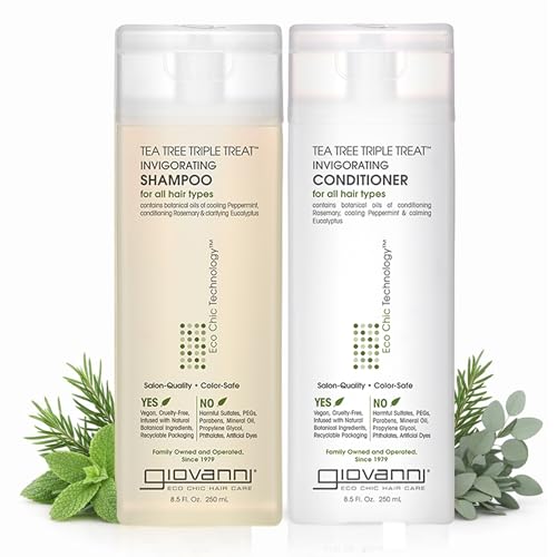 GIOVANNI Tea Tree Triple Treat Invigorating Shampoo & Conditioner Set - Cooling Peppermint, Eucalyptus, Rosemary, Helps Dry, Flaky Scalp, Salon Quality, Vegan, Cruelty Free - 8.5 oz Each